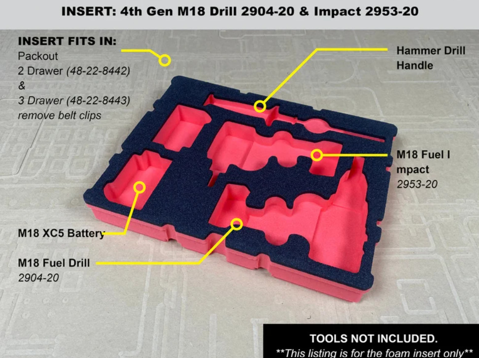 Foam Insert for M18 Hammer Drill Impact Kit Fits Packout 2 Drawer Box