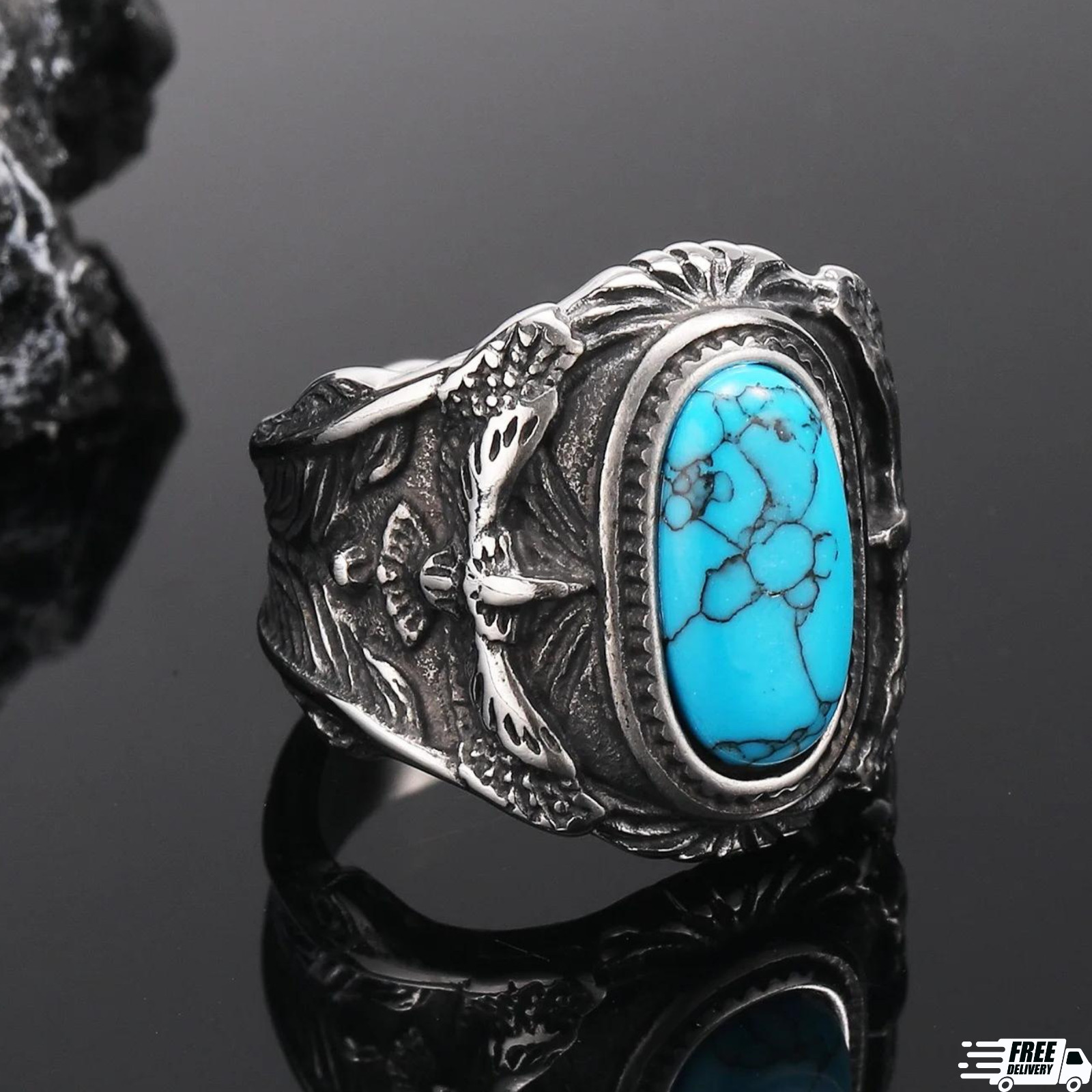 Mens Large Biker Eagle Turquoise Stone Ring Men Stainless Steel Size 7-15