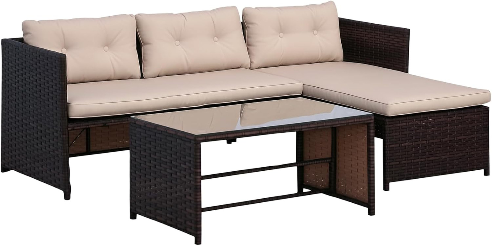 3 Piece Patio Furniture Set, Rattan Outdoor Sofa Set with Chaise Lounge & Lovese