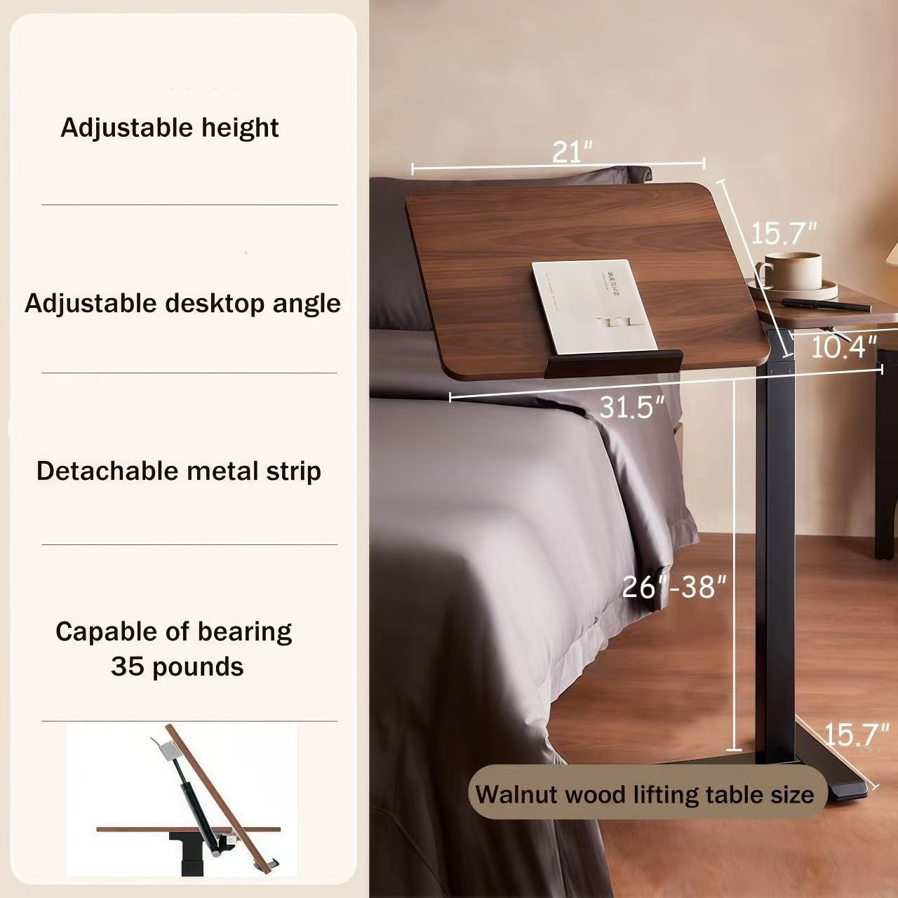 Overbed Bedside Desk, Adjustable Rolling Laptop Stand Tray Table, Walnut