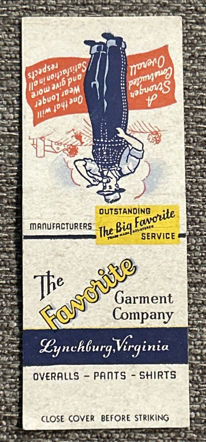 VINTAGE THE FAVORITE GARMENT COMPANY MATCHBOOK COVER, LYNCHBURG, VIRGINIA