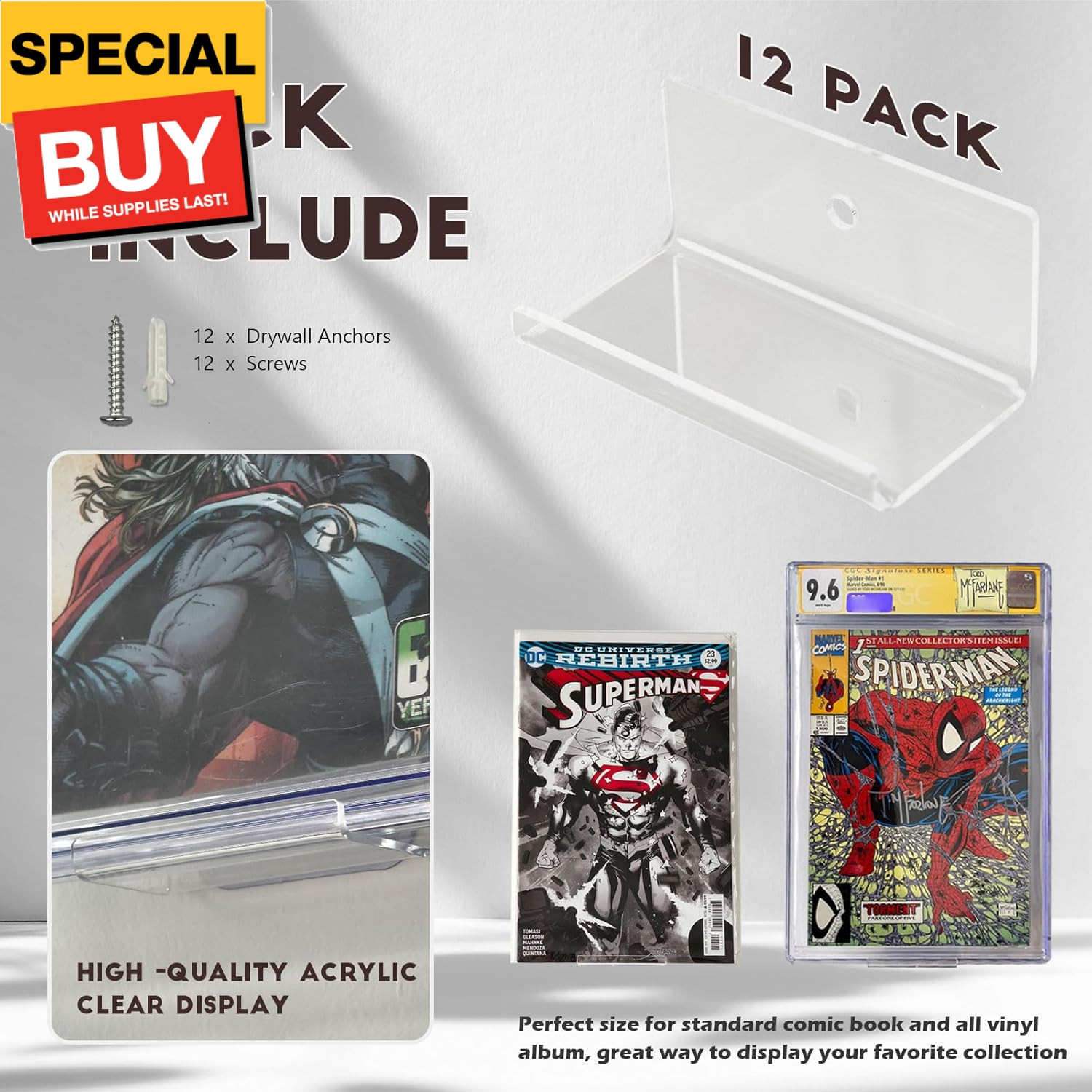 12pcs Clear Floating Comic Book Display Shelves, Comic Book Shelf Stand Wall Mou