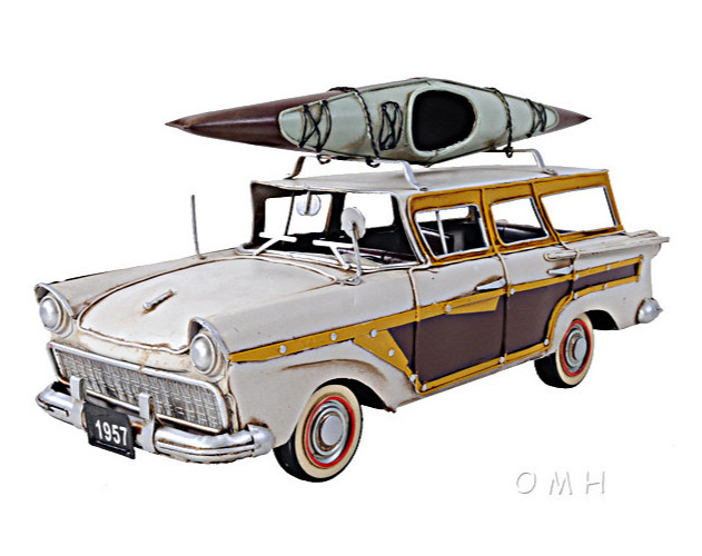 1957 Ford Country Squire Station Wagon Woody Metal Model 13" w/ Kayak Boat New