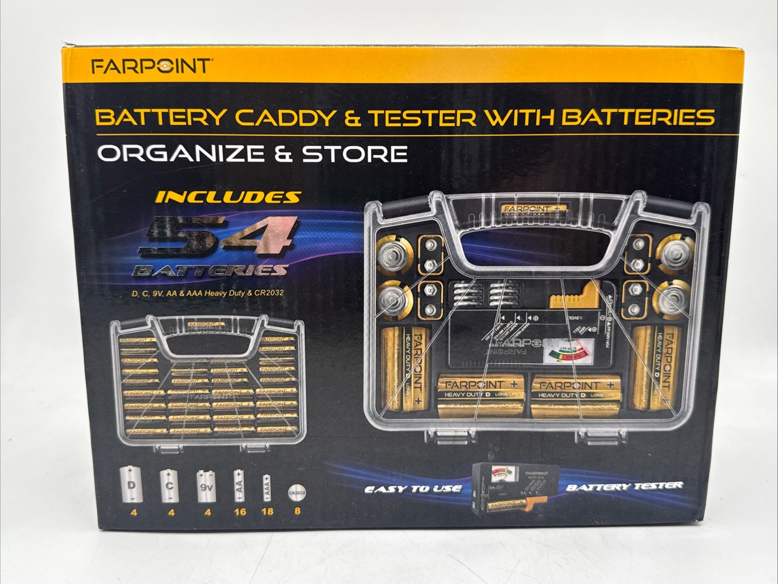 Farpoint Battery Caddy & Tester W/ Batteries 54 Batteries