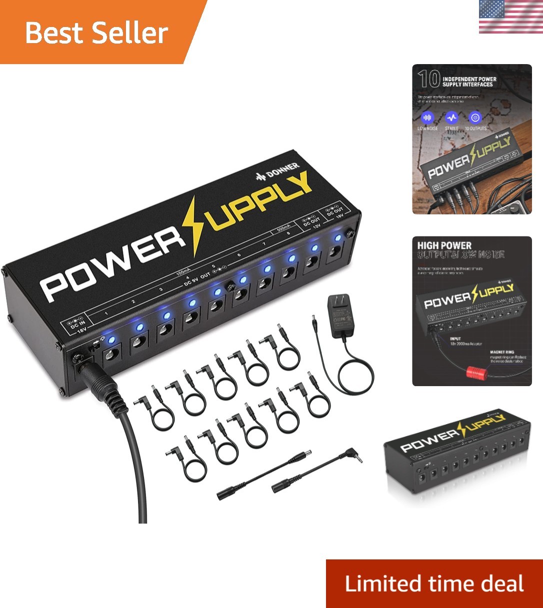 Compact Black Aluminum Isolated DC Power Supply for Guitar Pedals