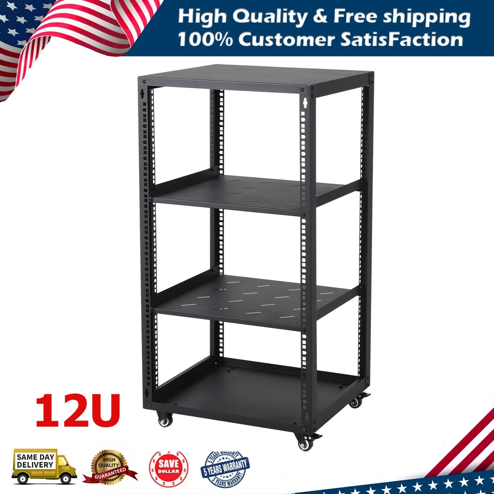 12U Heavy Duty Open Frame Network Rack with 4 Casters for IT & AV Gear Cabinet