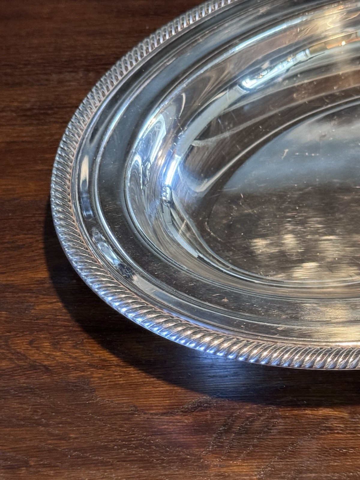 Silverplate Oval Serving Bowl Rope Edge Bread Fruit Centerpiece Dish 12” Vintage