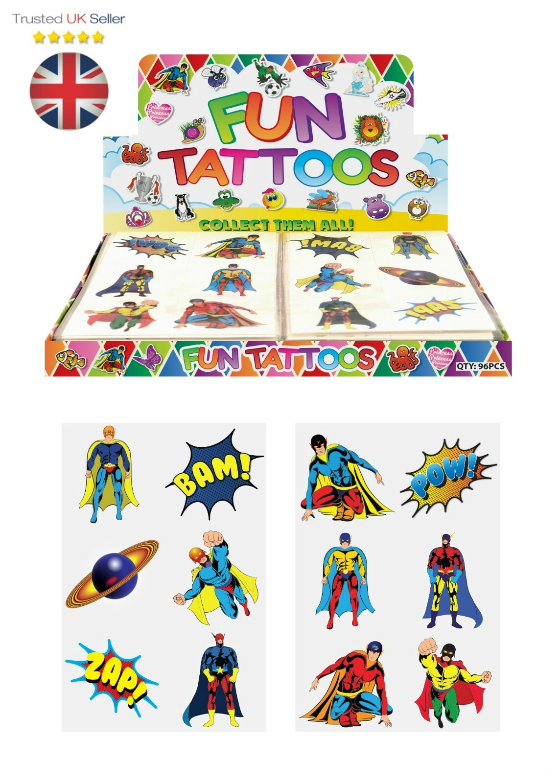 60 Childrens Super Hero Temporary Tattoos Kids Loot Party Bag Fillers Boys Girls