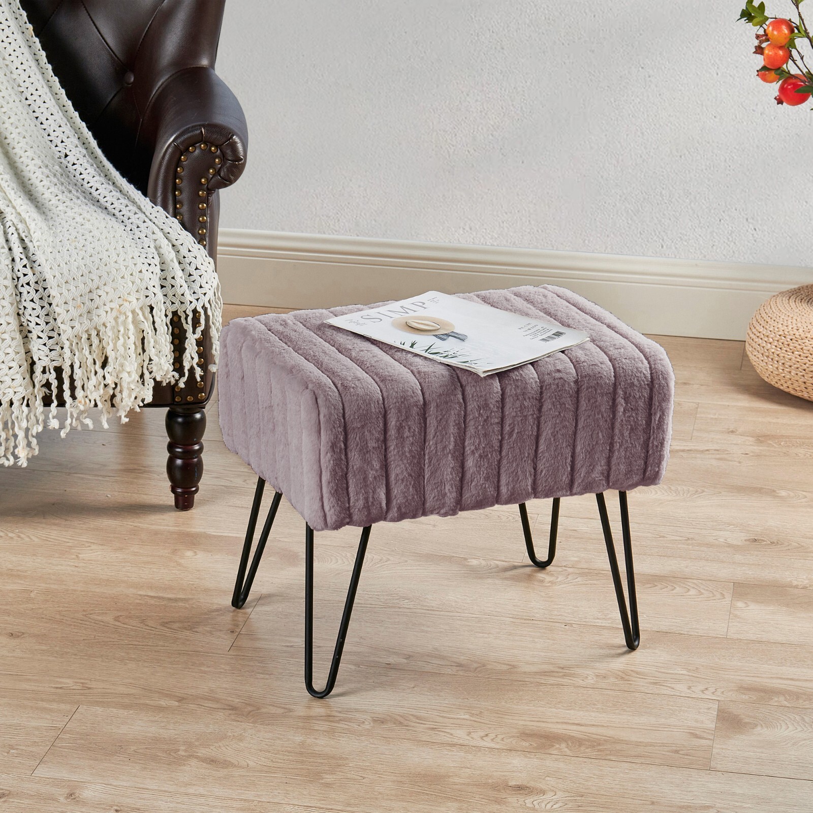 Super Mink Faux Fur Pink Ottoman Bench, 19" x 13" x 17" (Charcoal)