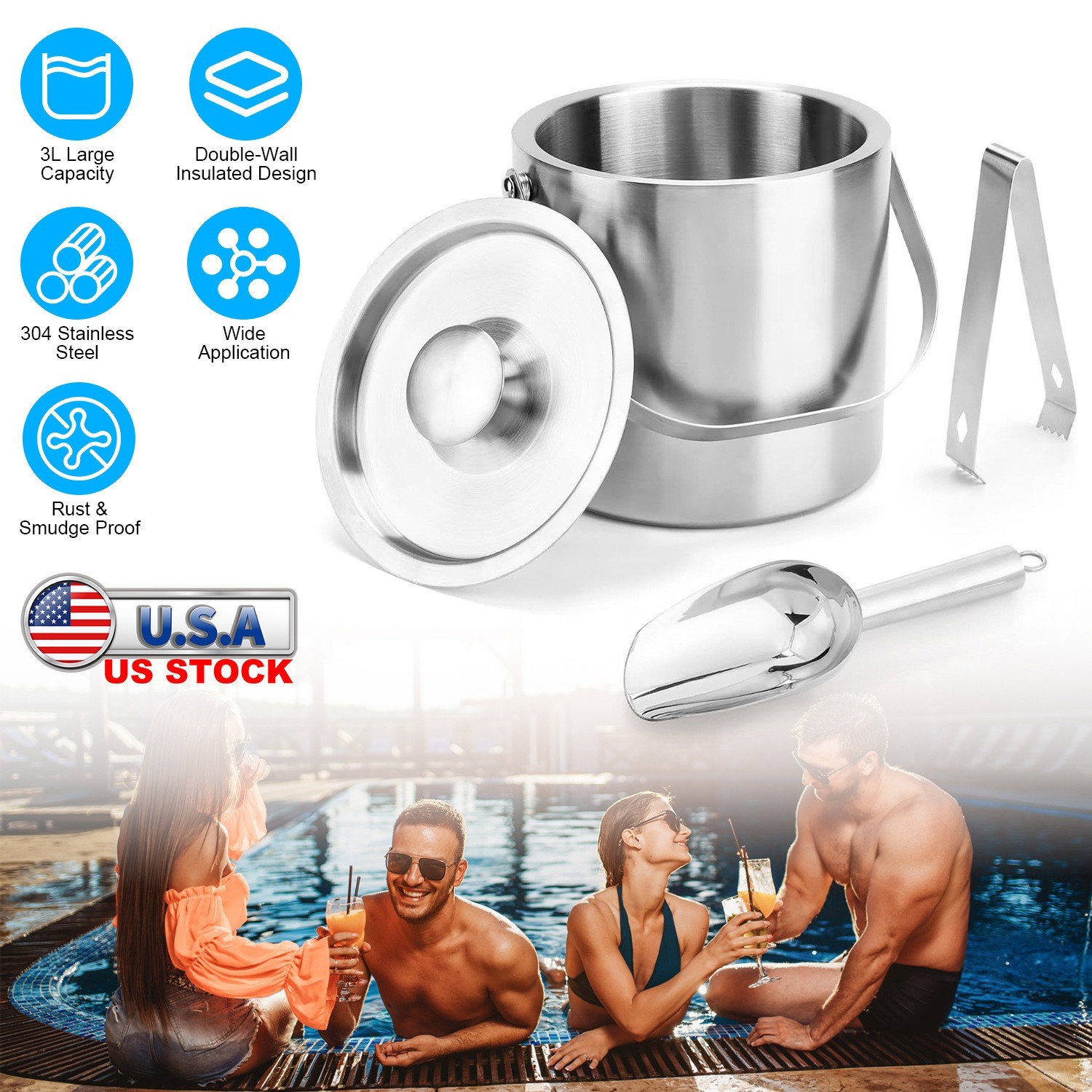 Double-Wall Stainless Steel Insulated Ice Bucket With Lid & Ice Tong Strainer