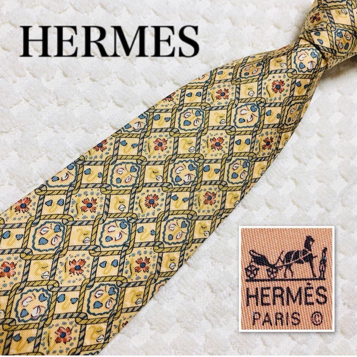 HERMES tie rope check flower pattern all over pattern silk 100 made in France ye