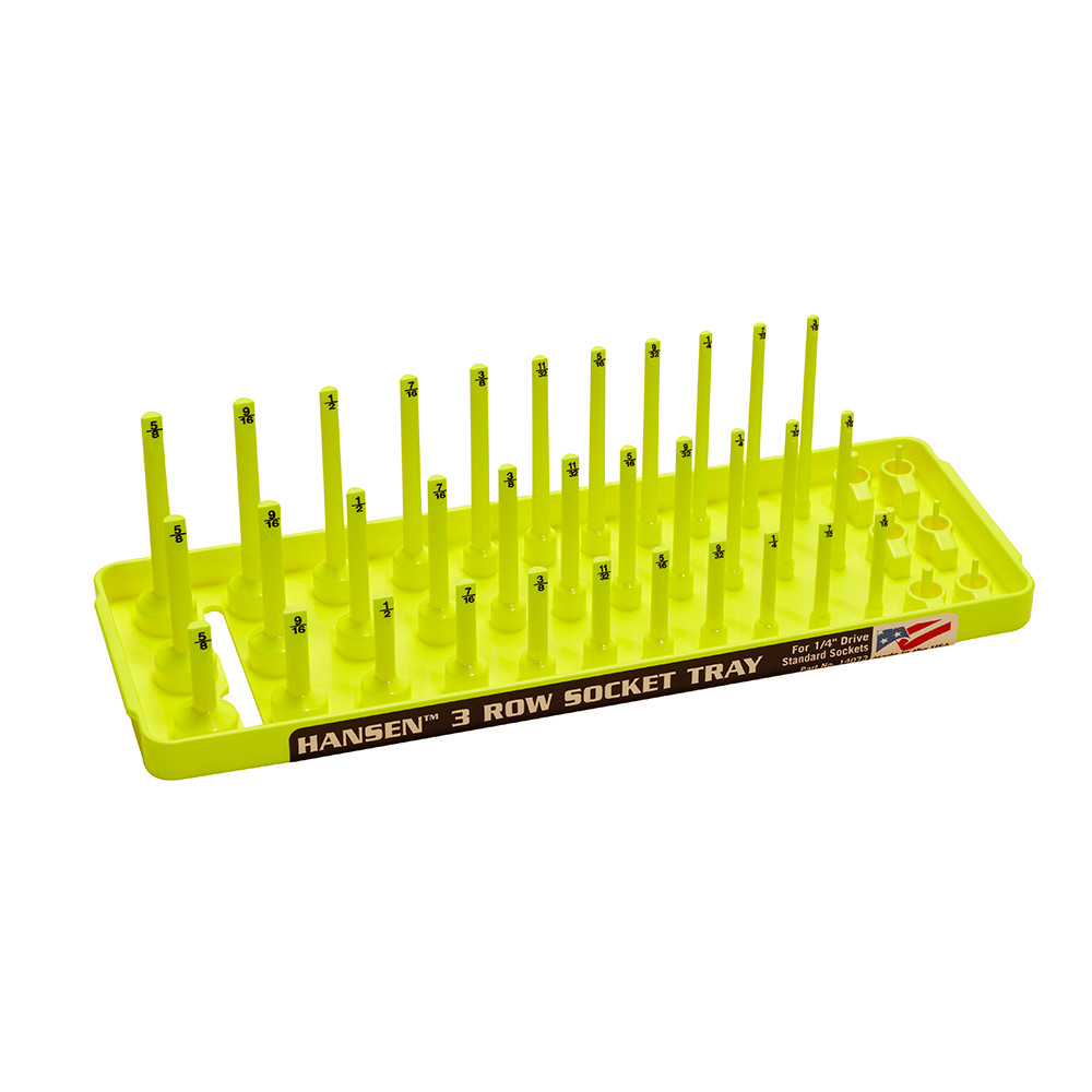 Hansen 1/4" Socket Organizer Tray Holder 3 Row Standard SAE Shallow Deep Yellow
