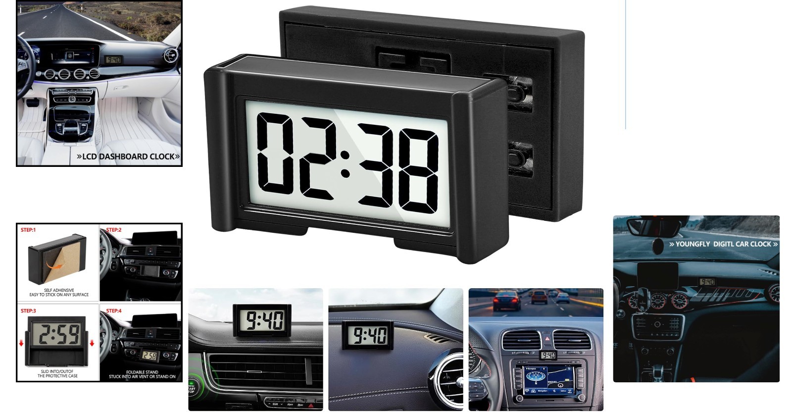 Compact Battery-Operated Digital Dashboard Clock with Stopwatch Function – Black