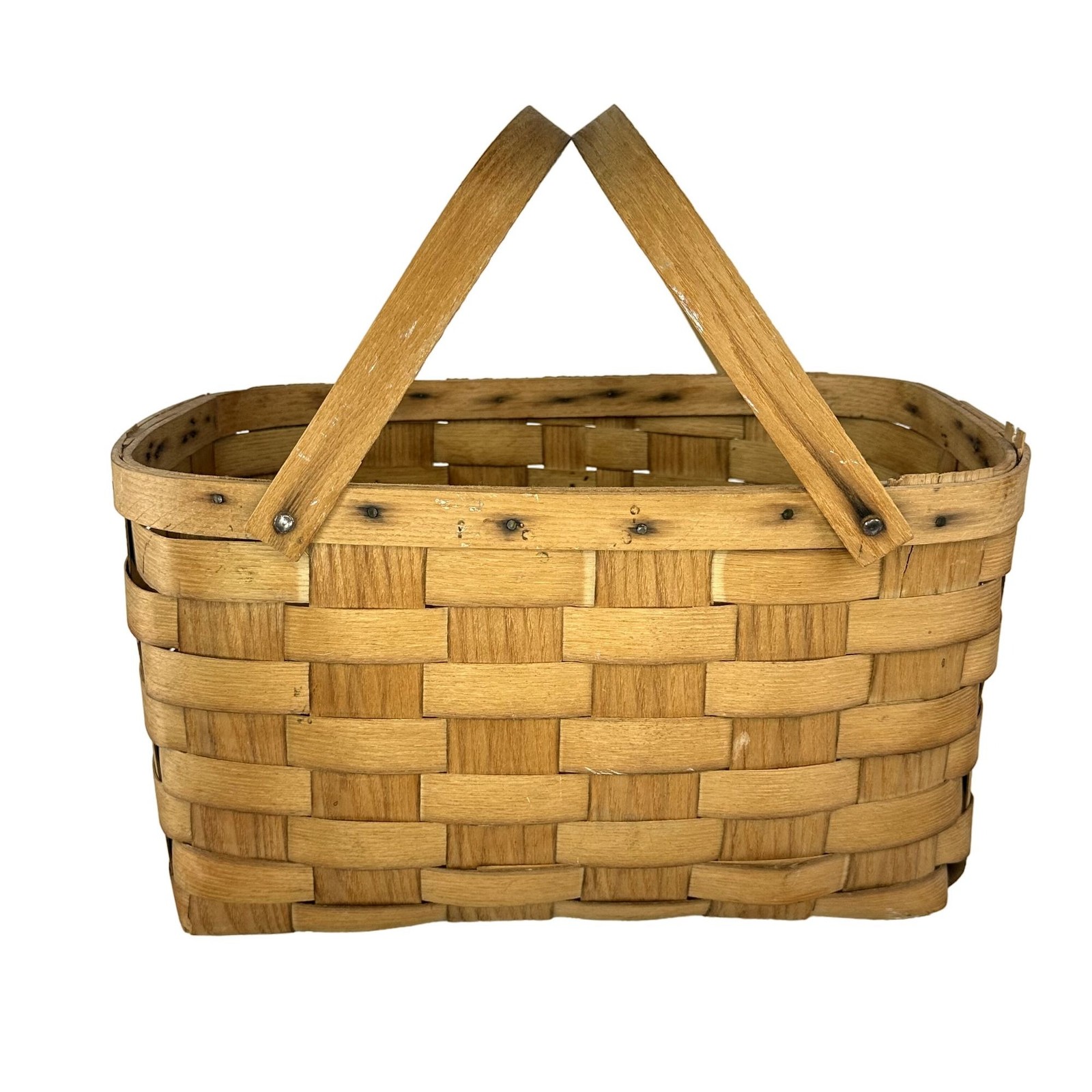 Vintage Woven Wood Picnic Basket with Handles Farmhouse Rustic Decor