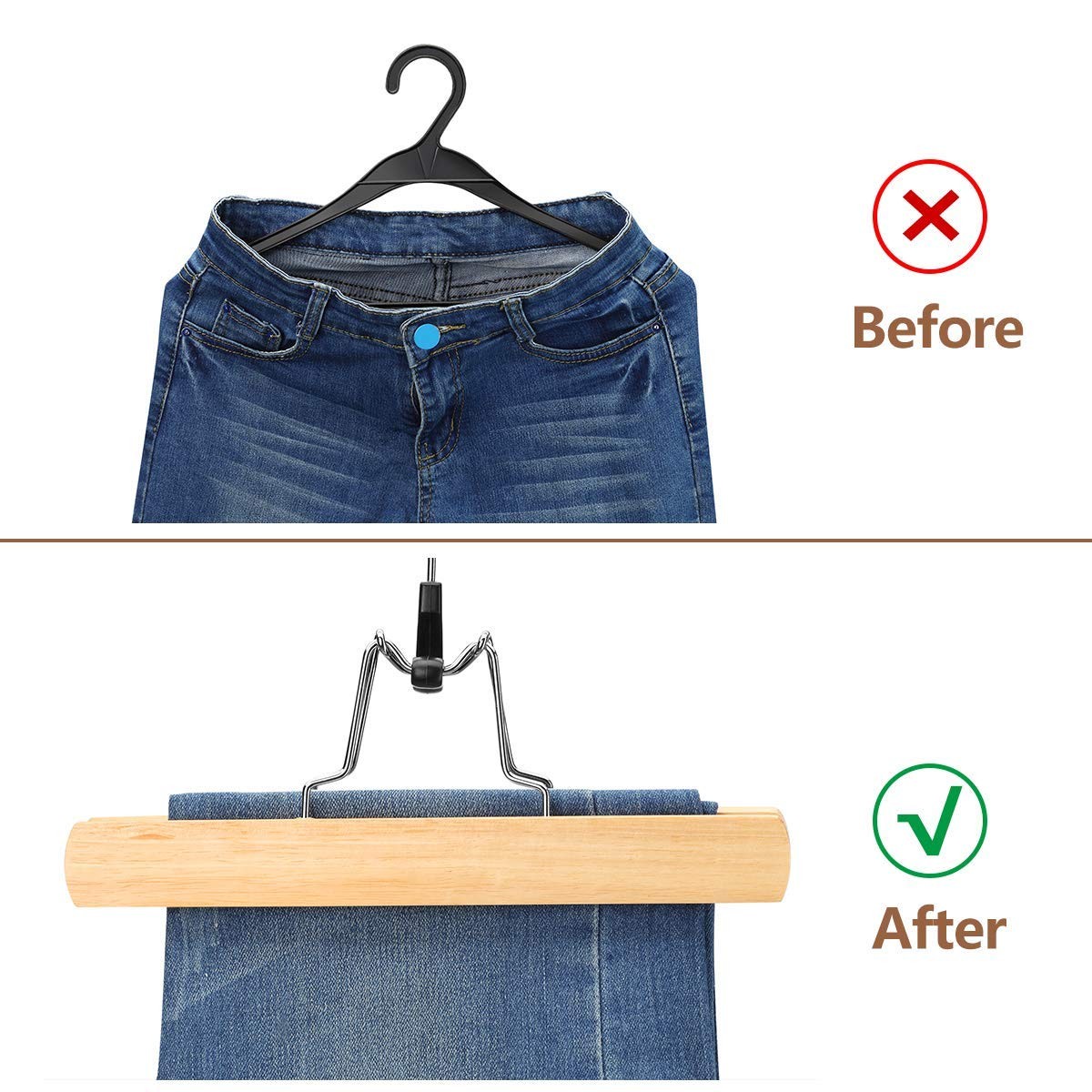 12 Pack Wooden Pants Hangers with Clips, Non-Slip Skirt Clamp Hangers
