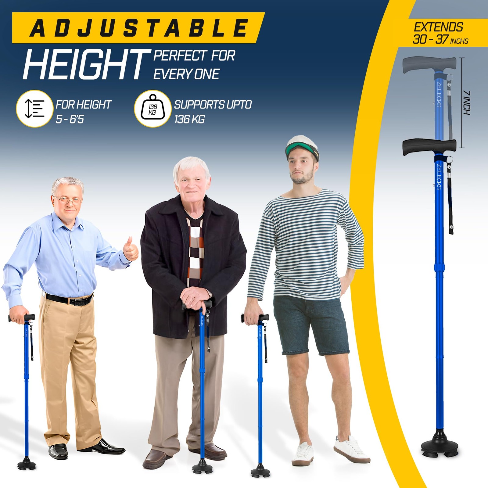 ZELECKS Walking Cane for Women & Men - Self Standing Adjustable Folding Cane