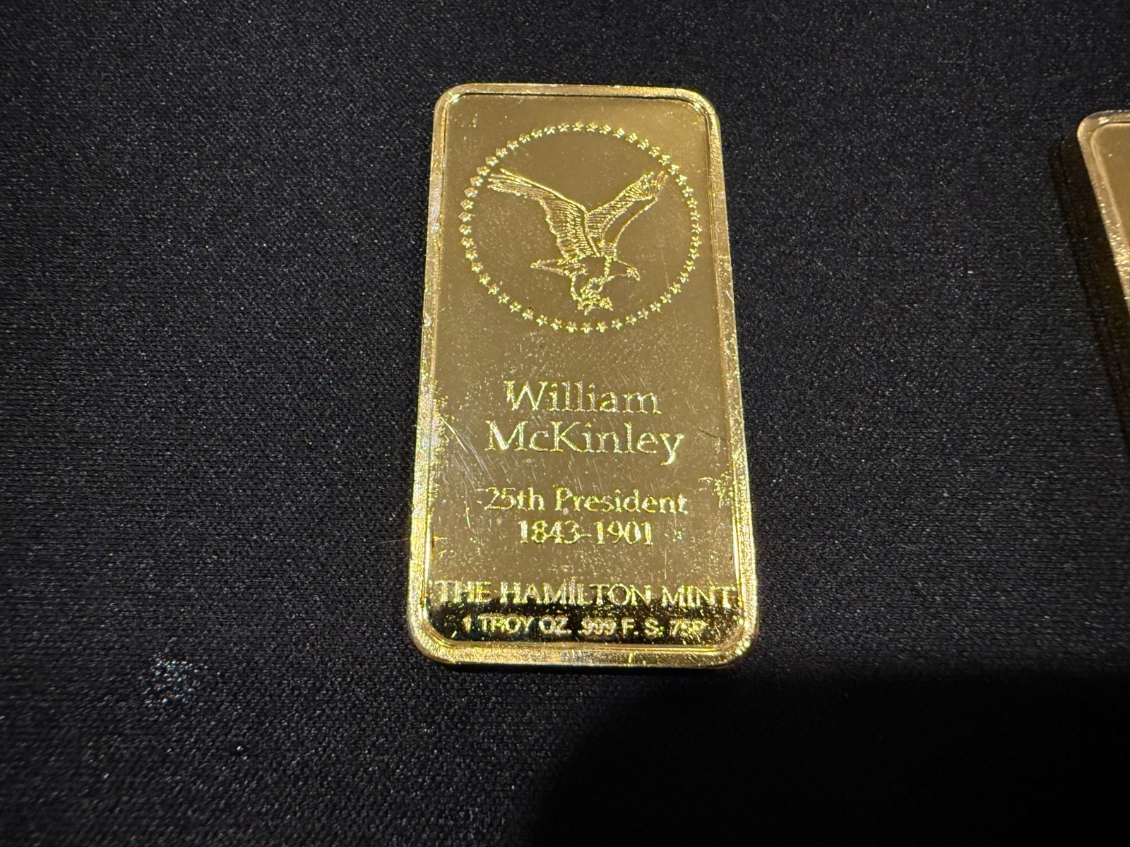 1976 Hamilton Mint President Gold Plated Silver Bar - William McKinley - Vintage