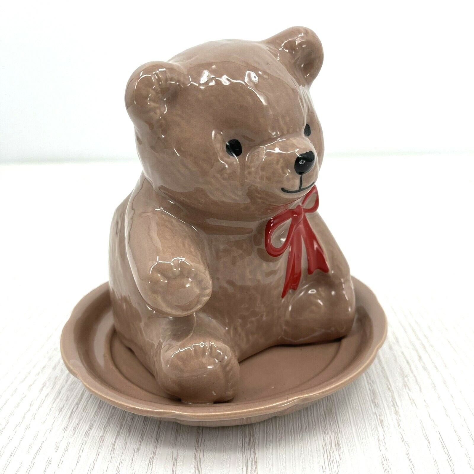Brown Teddy Bear Planter w Drain Plate Attached CDP Natural White Clay Red Bow