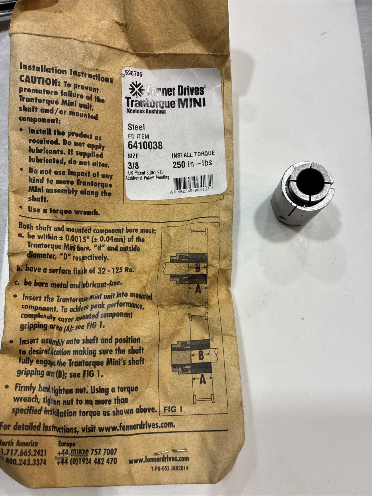 NEW FENNER 6410038 KEYLESS BUSHING TRANTORQUE 3/8" SHAFT