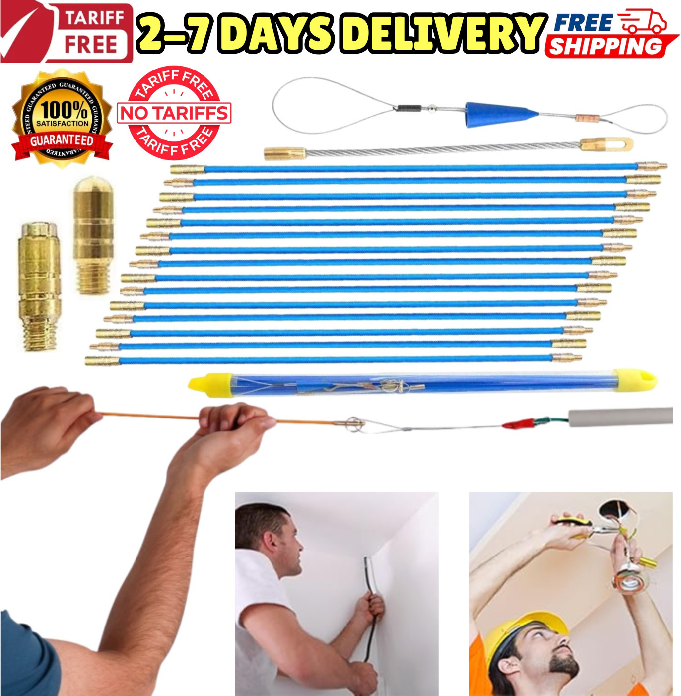50' Flexible Wire Pulling Rod Fiberglass Wire Running Kit Fish Tape Cable Holder