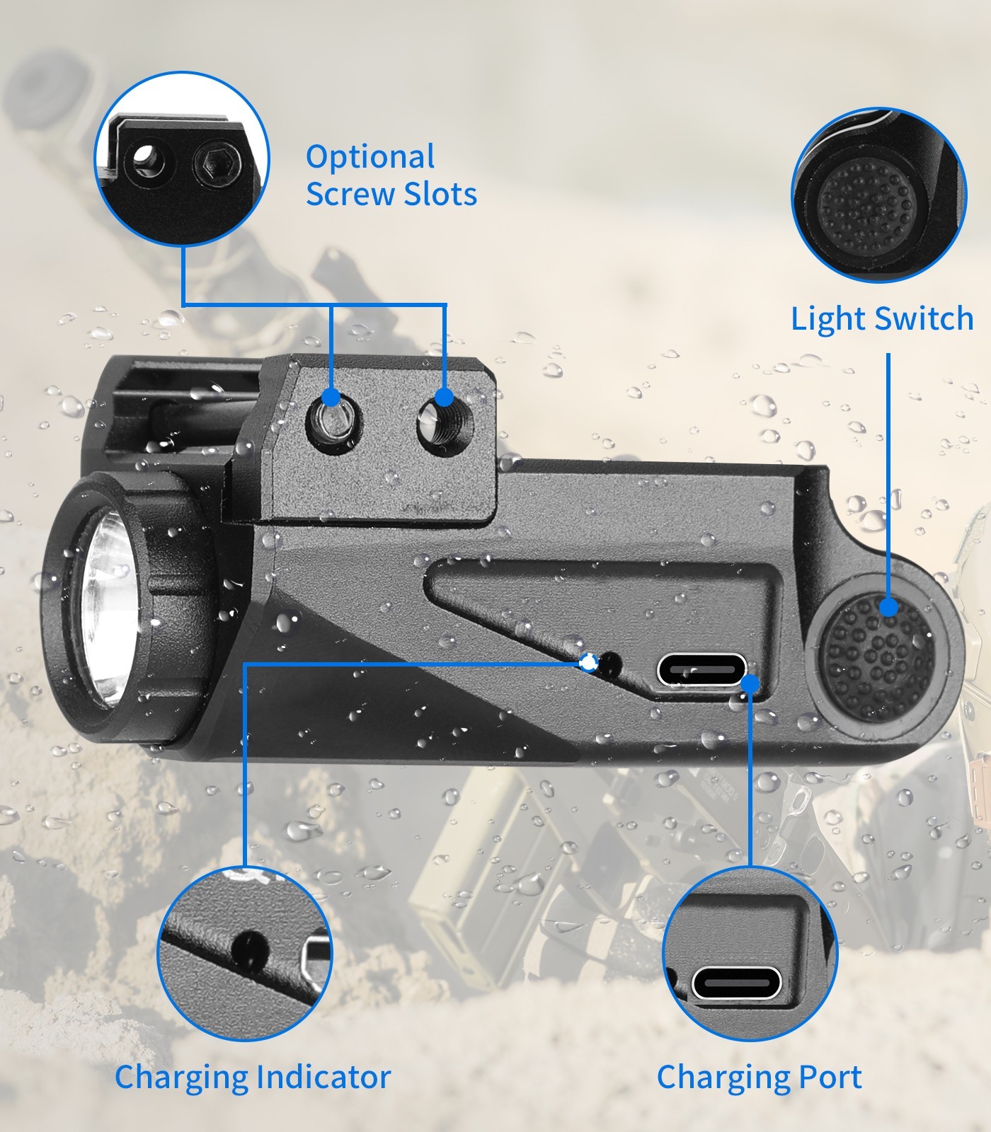 Tactical Pistol Flashlight 500LM LED Weapon Light USB Rechargeable Subcompact