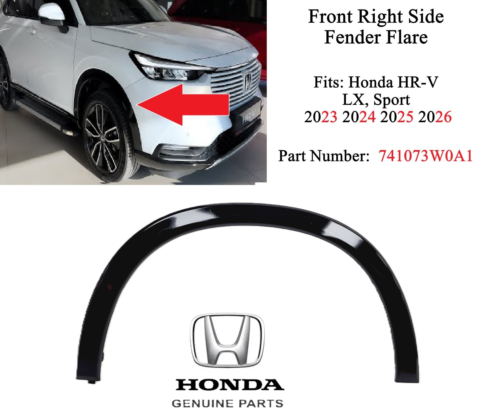 Genuine 2023-2026 Honda HRV Front Right Side Wheel Arch Fender Flare 741073W0A1