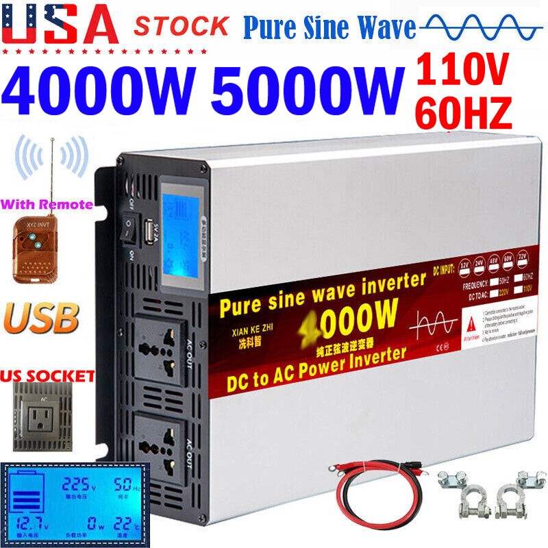 4000W 5000W 12V 24V 48V 72V to 110V Pure Sine Wave Power Inverter LCD