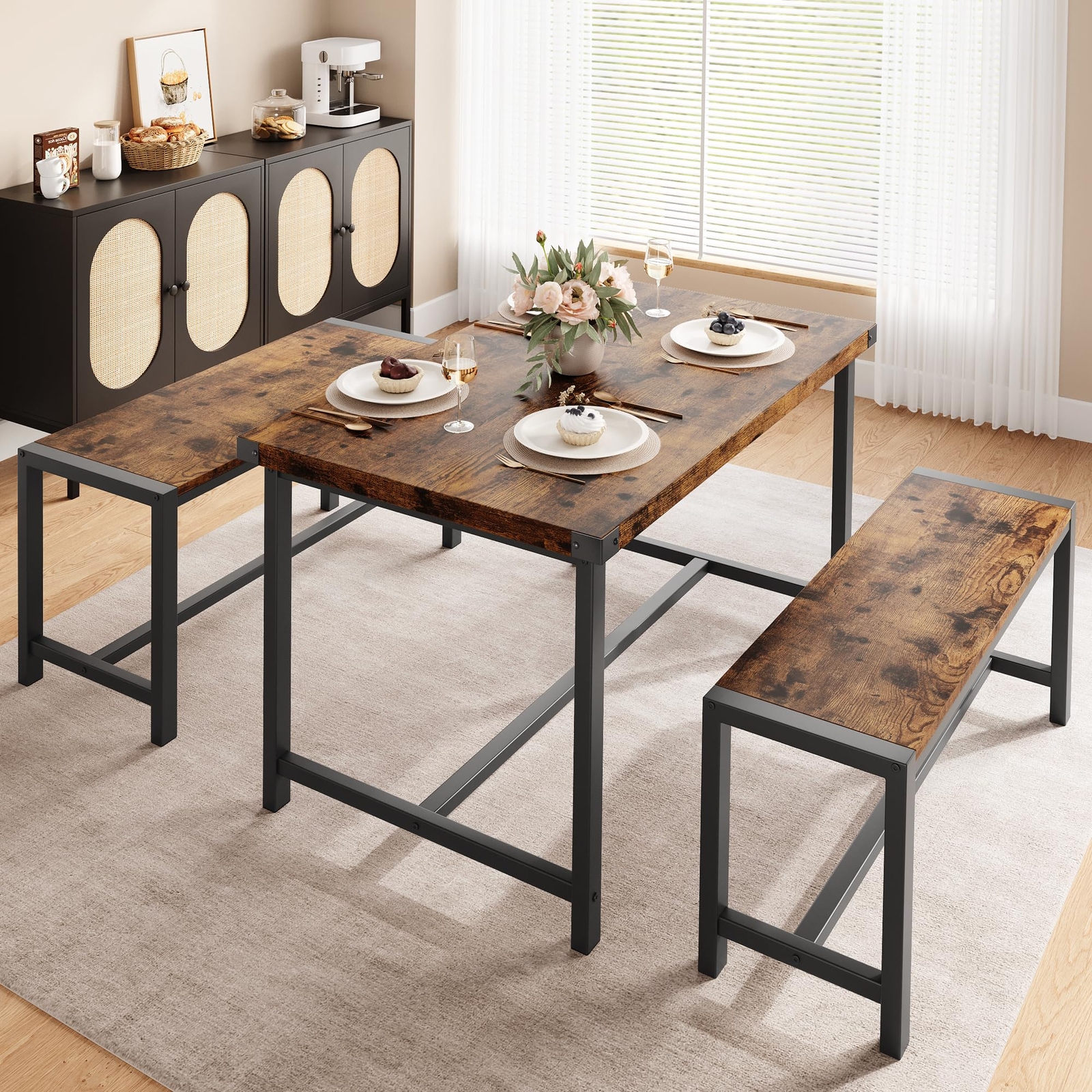 3 Piece Dining Table Set for 4 ,Rectangular Kitchen Table and 2 Benches Dinette