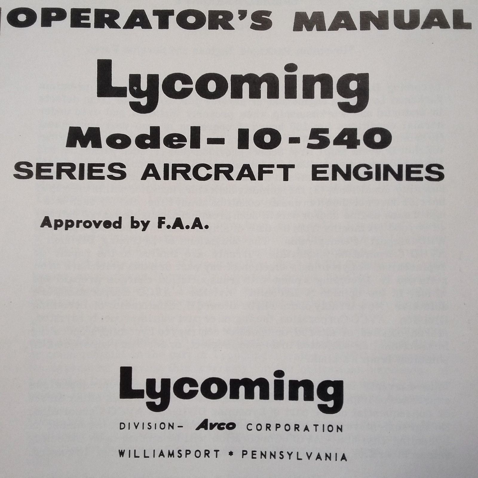 Lycoming IO-540 Engine Operator's Manual