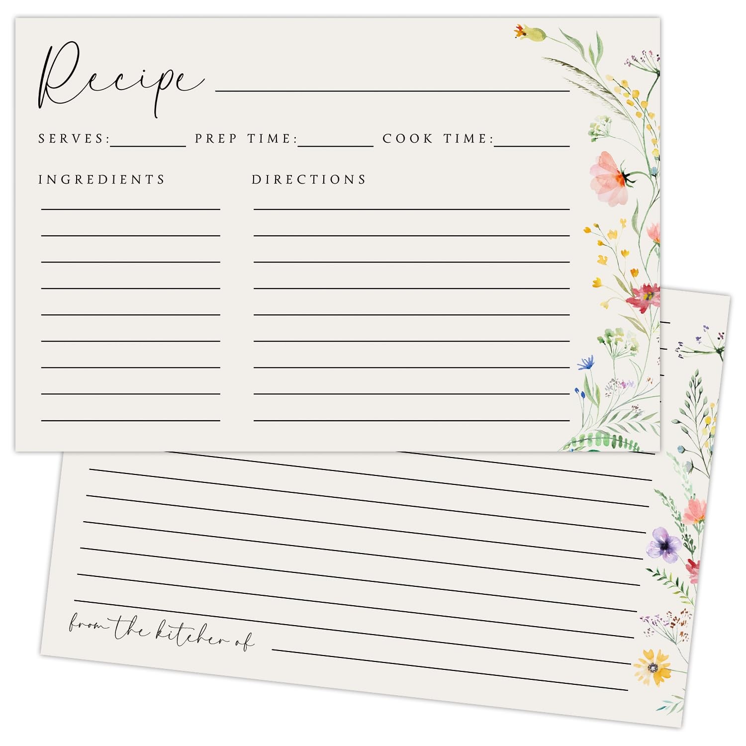 50PCS Wildflower Recipe Cards,4×6 In Double Sided Cards,Blank Recipe Card for...
