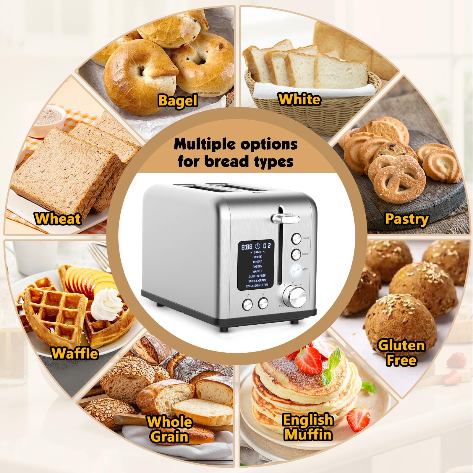 2-Slice Bagel Toaster Stainless Steel with Screen- Single Slice Function for Sin
