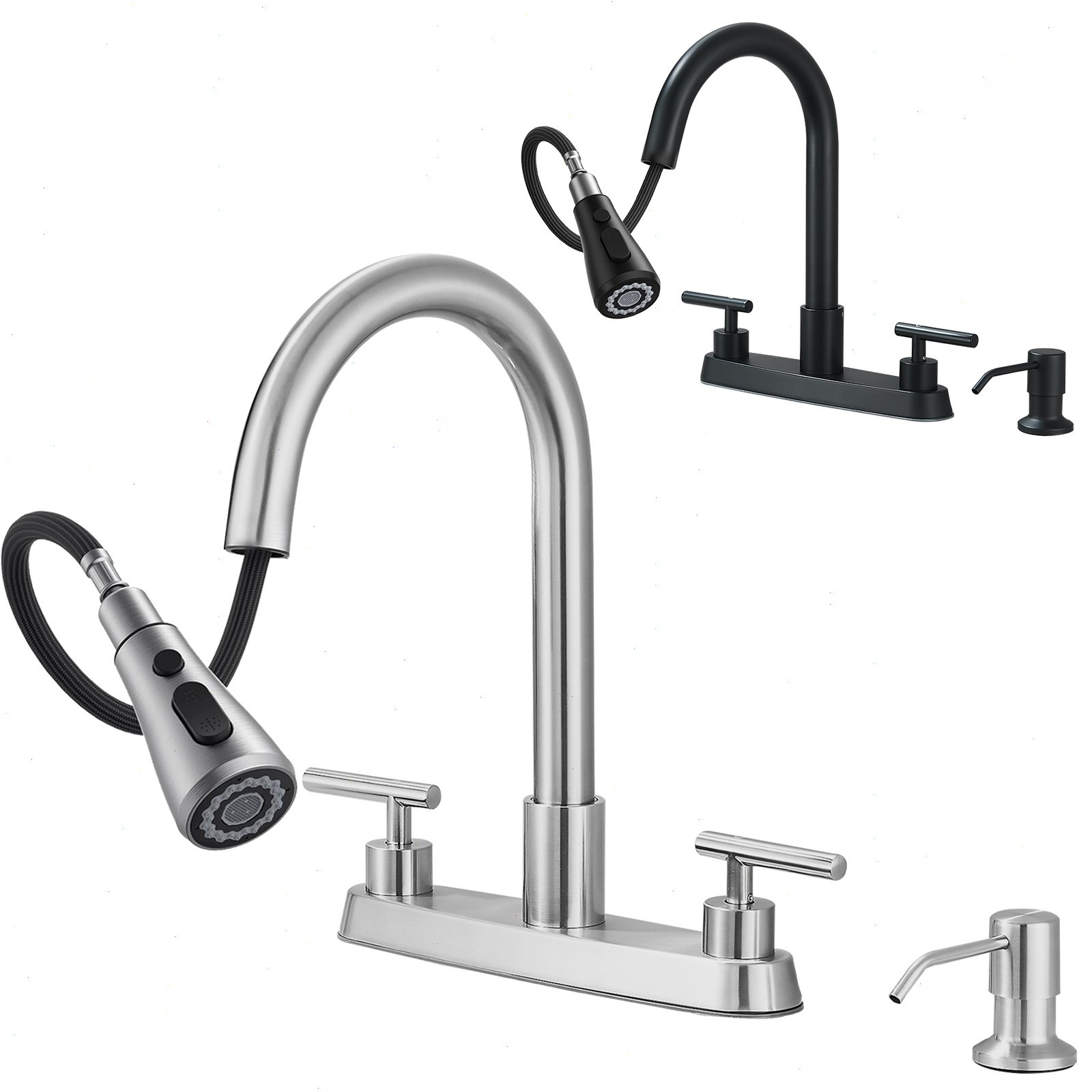 3 Hole Kitchen Faucet Pull Down Sprayer 8"Centerset 2 Handle with Soap dispenser