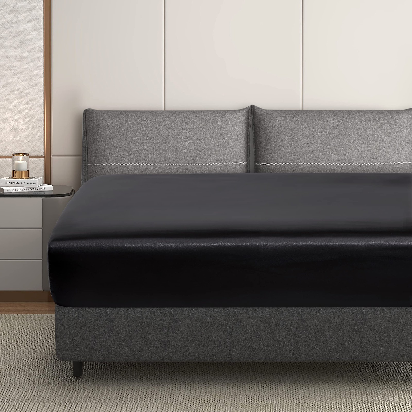 Black Silk Satin King Size Fitted Sheet Only Deep Pocket Fully Elasticized