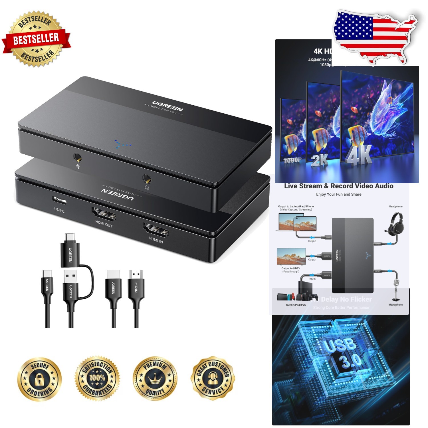 Pro Video Capture Card 2K 30Hz 1080P 60FPS USB C 3.0 | 4K Passthrough, Mic In...