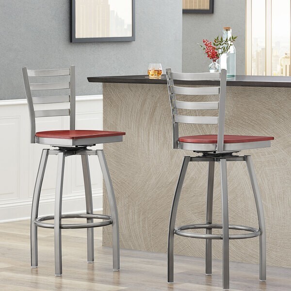 10 PACK Clear Coat Ladder Back Swivel Metal Restaurant Barstool w/ Mahogany Wood