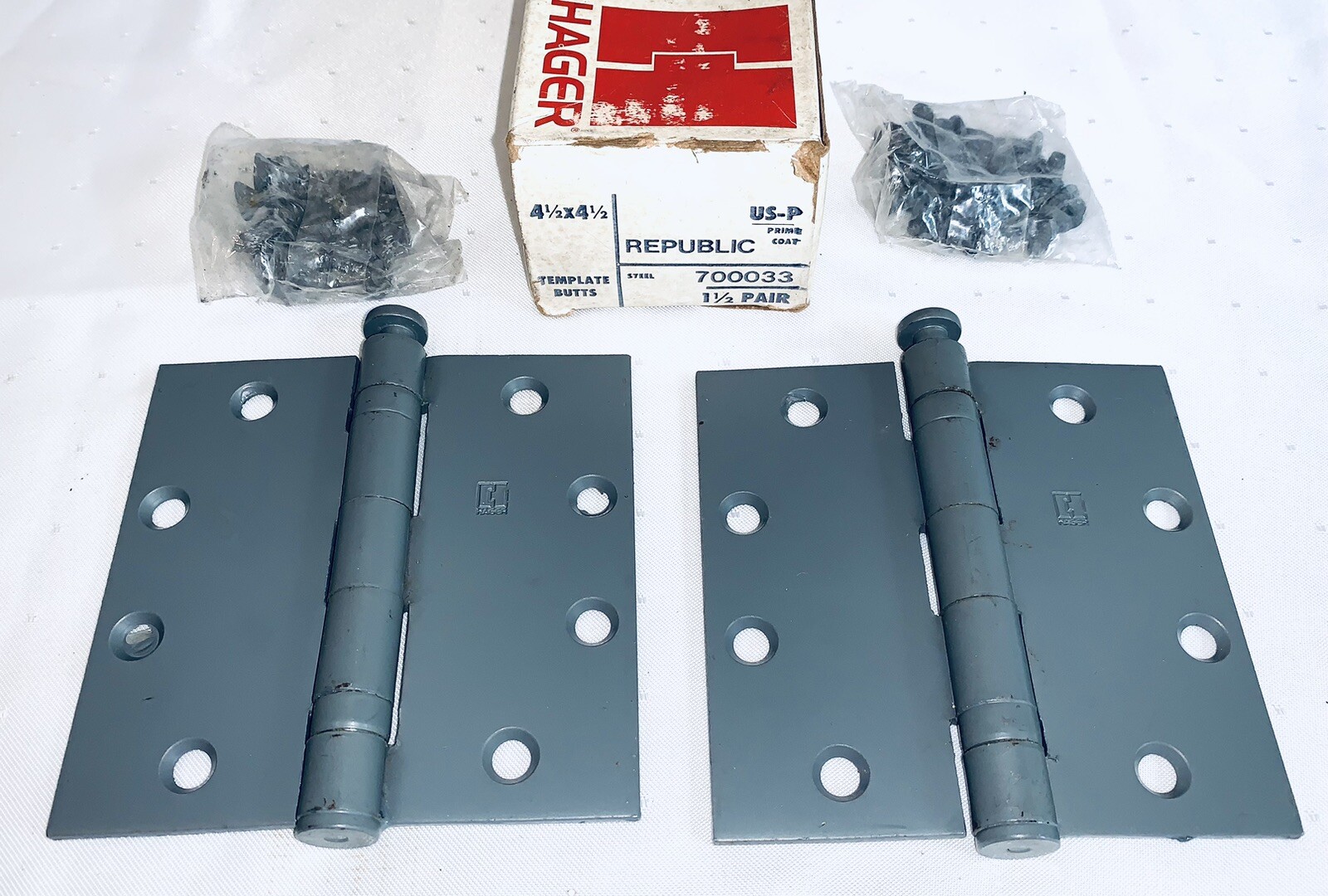 2 HAGER REPUBLIC STEEL 4 1/2 x 4 1/2 Template Butts HINGES #700033 NOS Pair Set