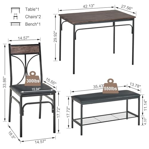 Kitchen Dining Table Set with Upholstered Bench & 2 seat for 4 Classic Brown