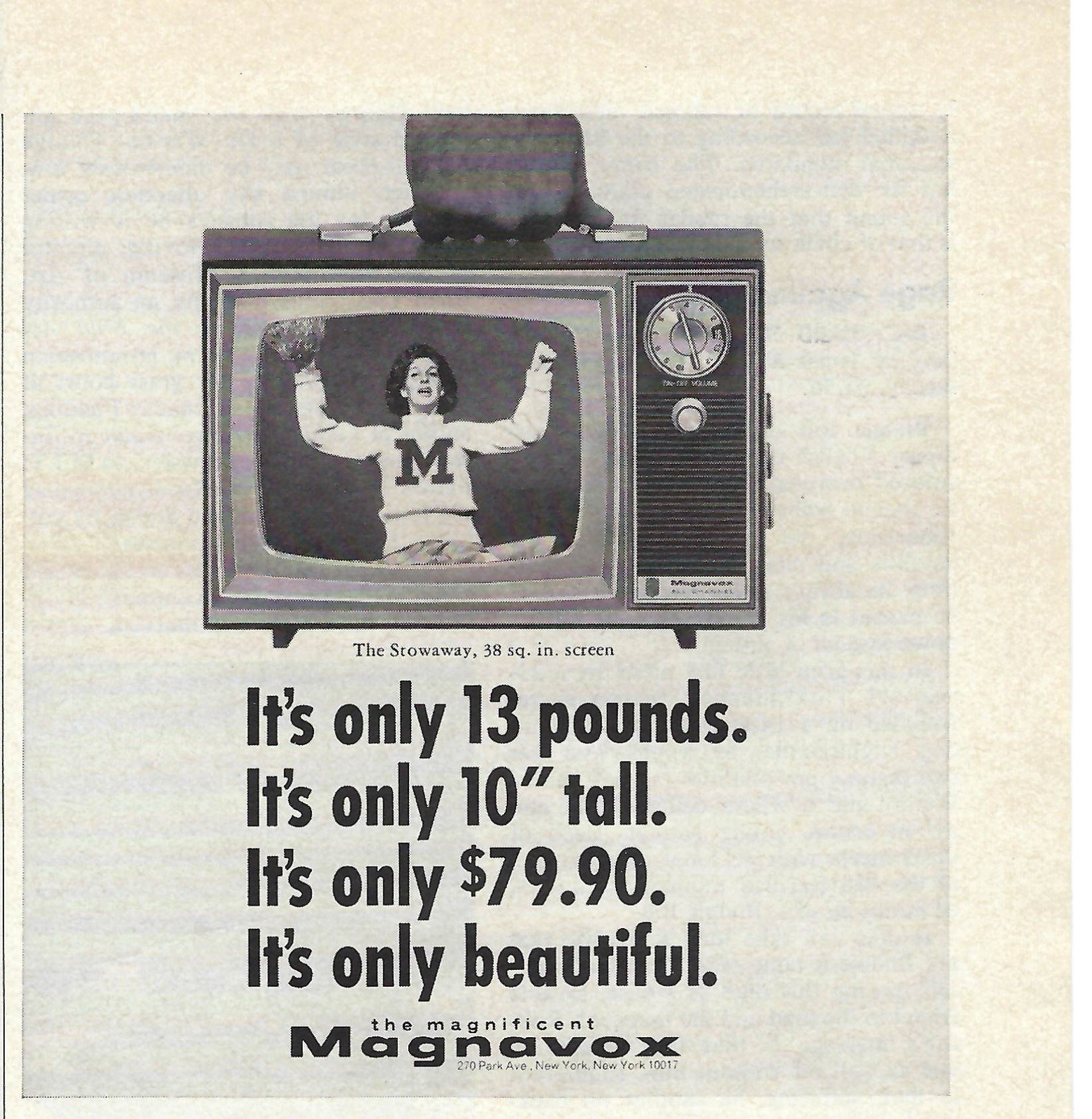 1969 Magnavox The Stowaway Television Portable TV Only Vintage Magazine Print Ad