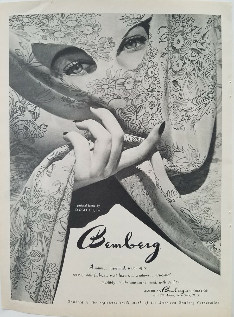 1945 American Bemberg corporation pastoral fabric Doucet masked woman ad