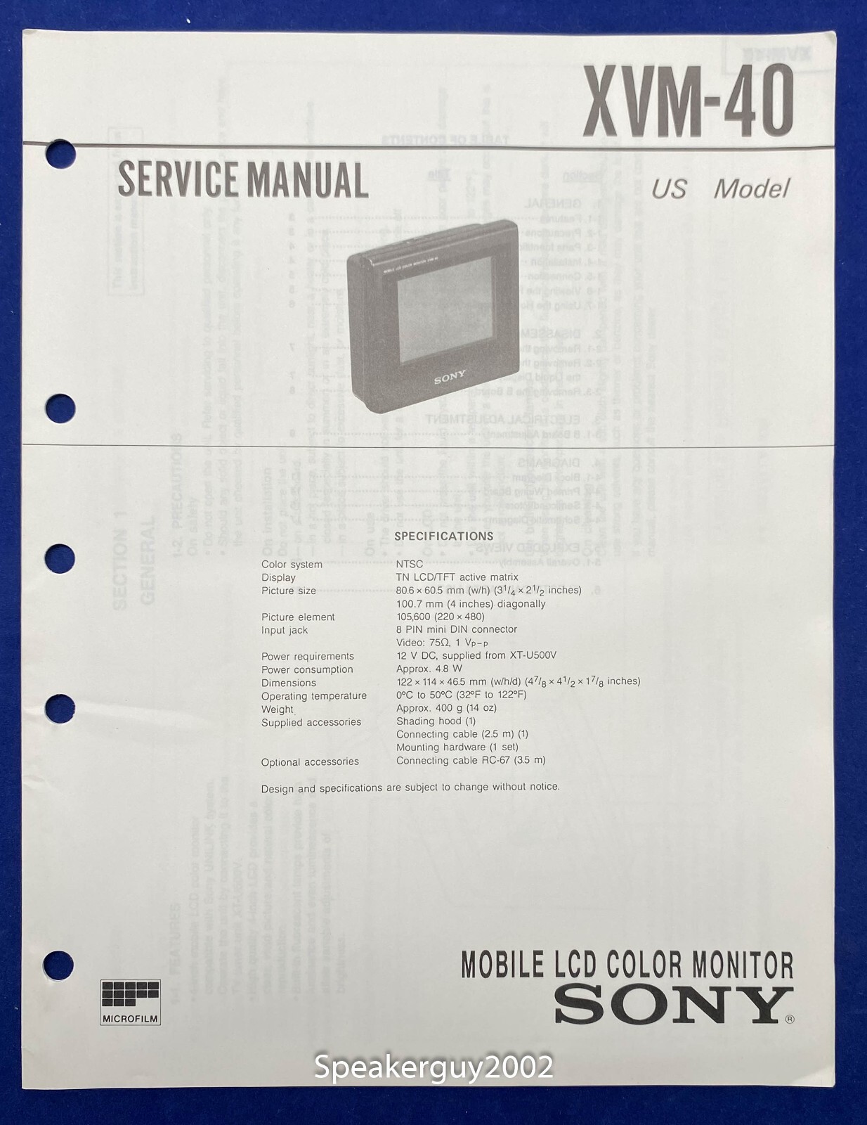 Original Sony XVM-40 Mobile LCD Color Monitor Service Manual