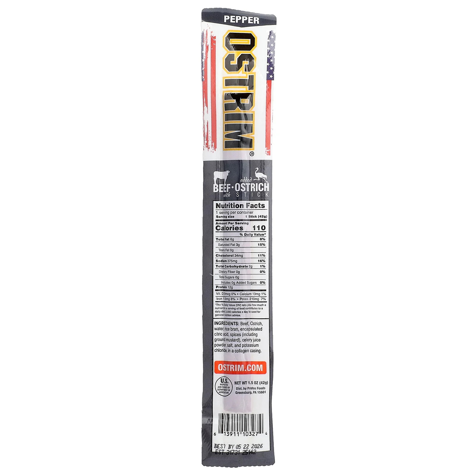 Beef & Ostrich Stick, Pepper, 1 Stick, 1.5 oz (42 g)