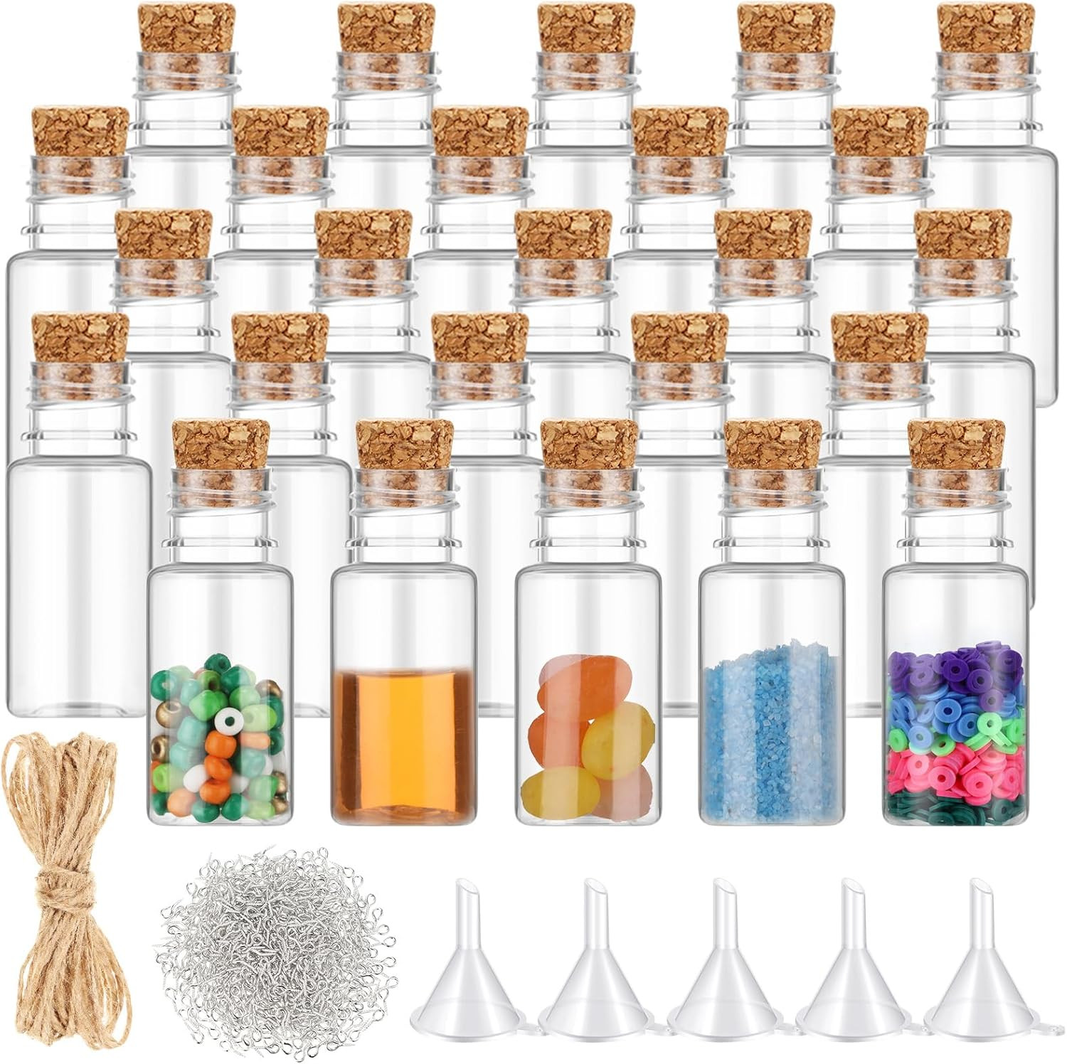 25 Set 10Ml Mini Plastic Bottles With Corks Stoppers Eye Screws Funnels Small