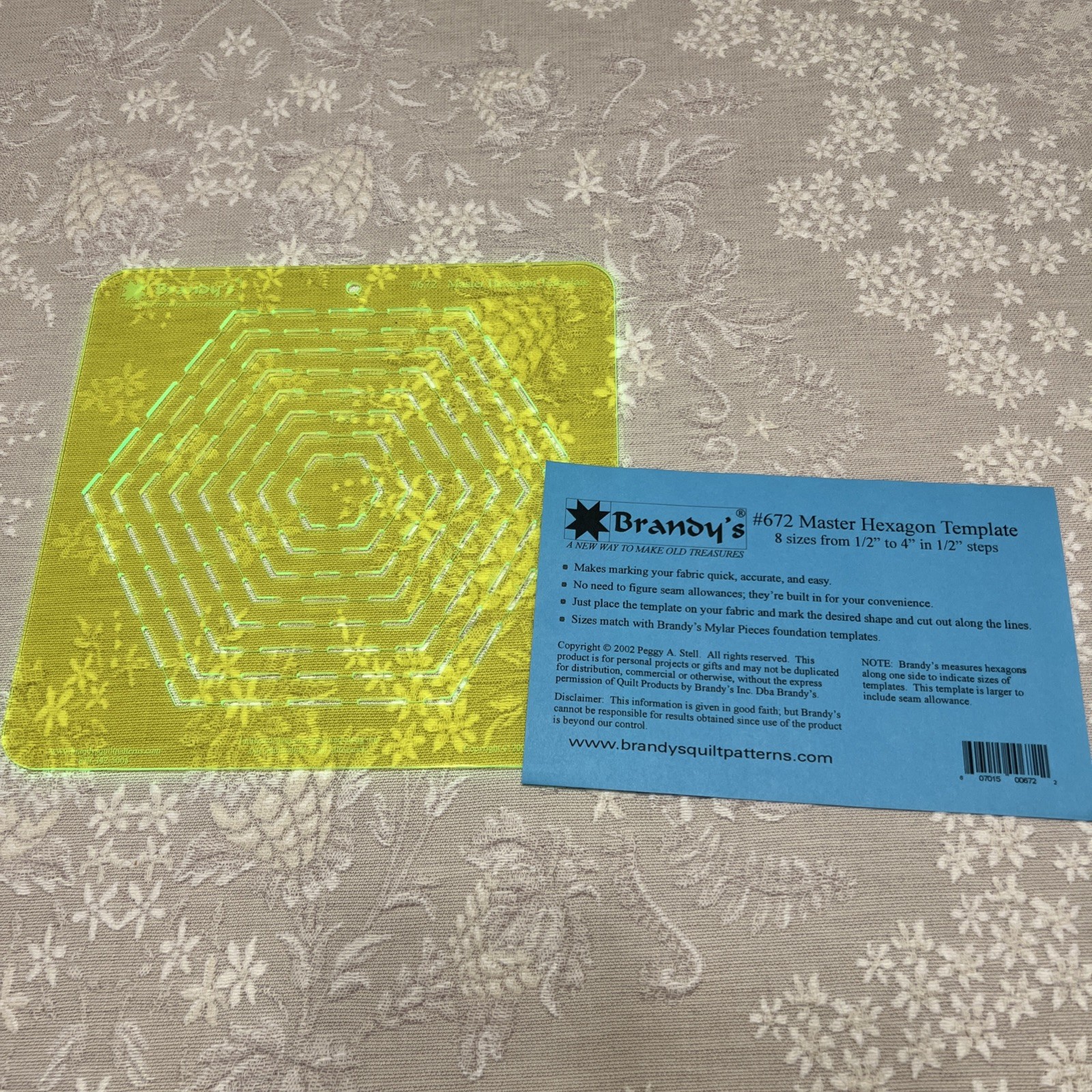 Brandy’s #672 Master Hexagon Template, 8 Sizes From 1/2” To 4”