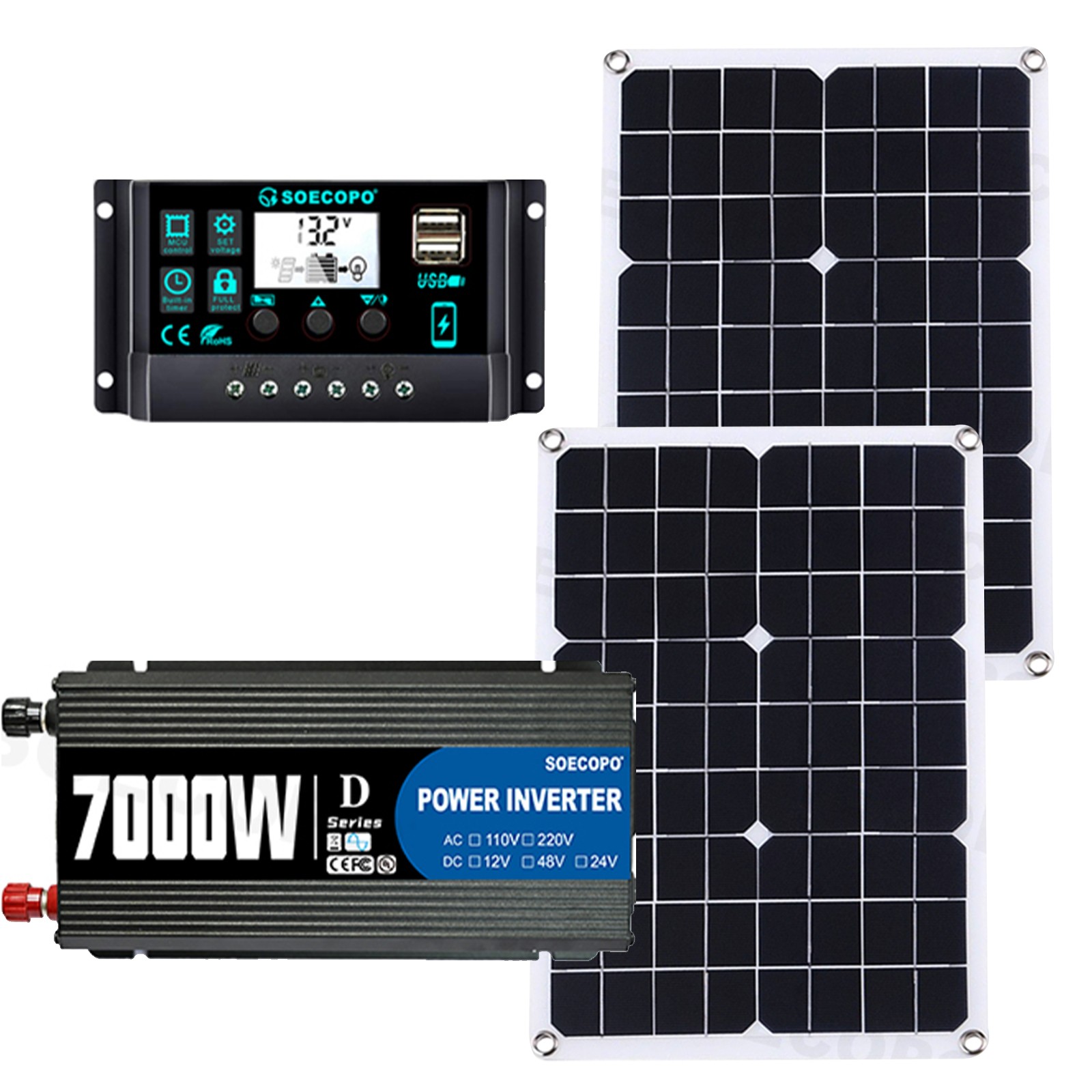 7000W Solar Inverter Kit  2pcs Solar Panels & Controller | 110V/220VGX