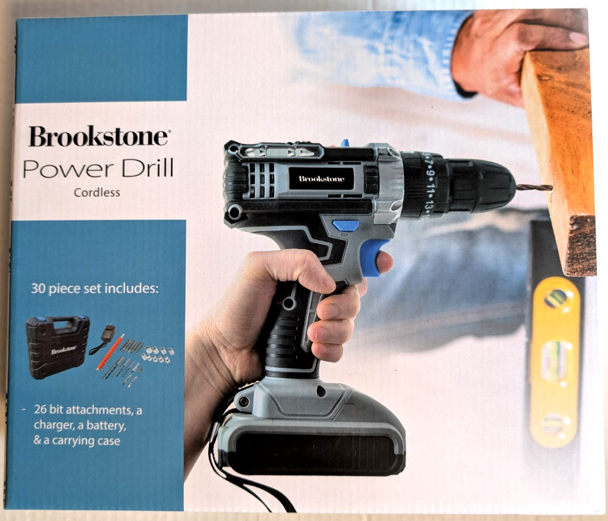 Brookstone 21V Cordless Power Drill 30 Pc w/ Attachments Charger Battery & Case