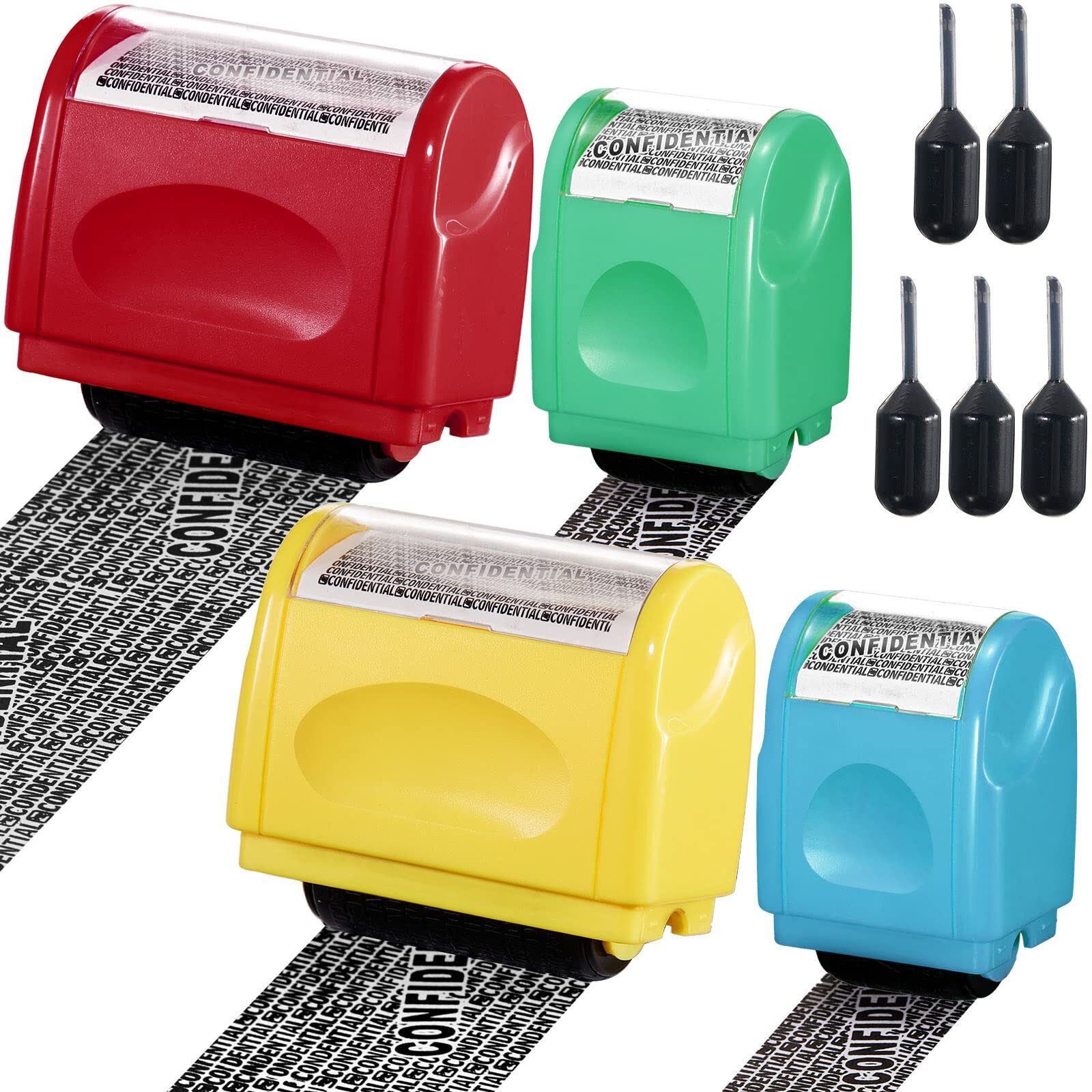 4-Piece Identity Theft Protection Roller Stamp Kit w/ Refills Red Blue Yellow