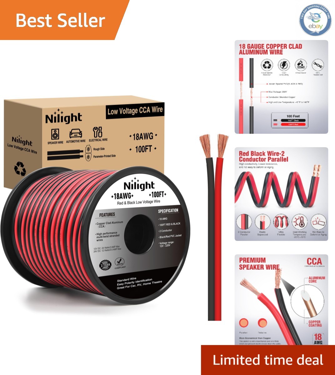 Versatile 100FT 18AWG Red & Black CCA Wire - Perfect for 12V/24V Applications