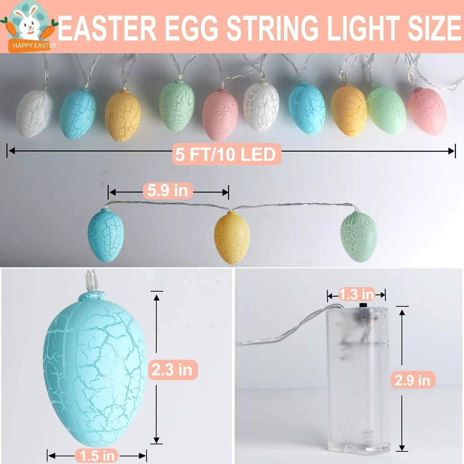 2 Pack Easter Lights String Easter Decorations, Total10 Ft 20 LED 3D Jumbo Crack