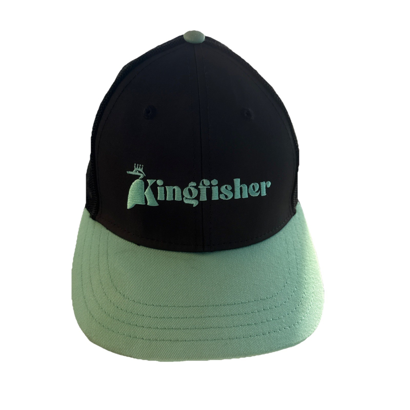 Kingfisher Aqua Letters & Bill on Black Fabric Mesh Hat Cap Snapback