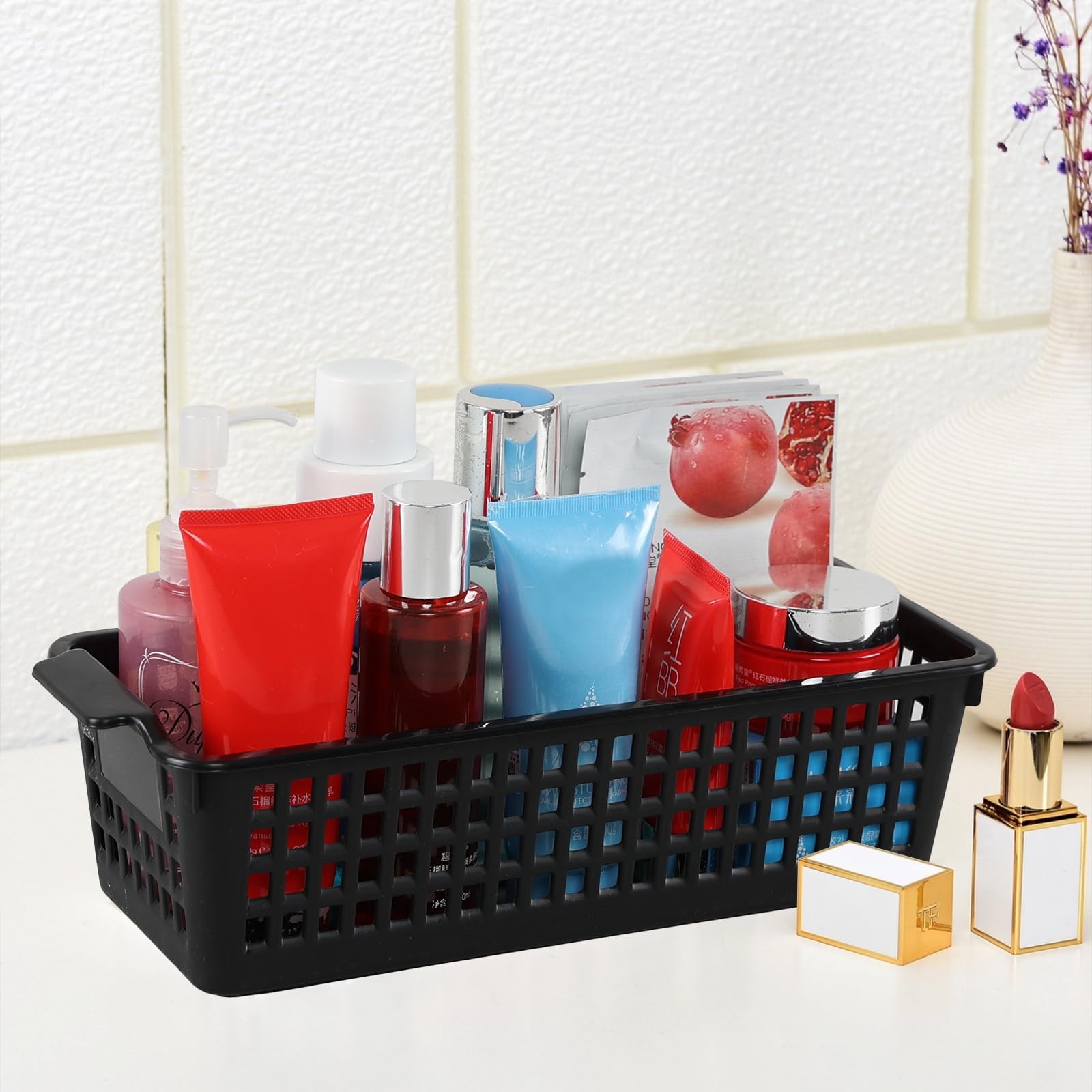 6 Pack Small Desktop Storage Baskets, Black Slim Plastic Storage Baskets